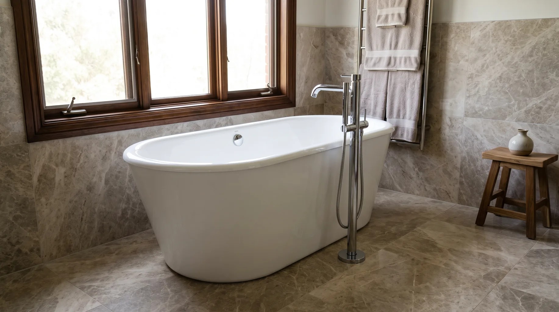 Finished freestanding bath beneath a window in a luxury tiled bathroom