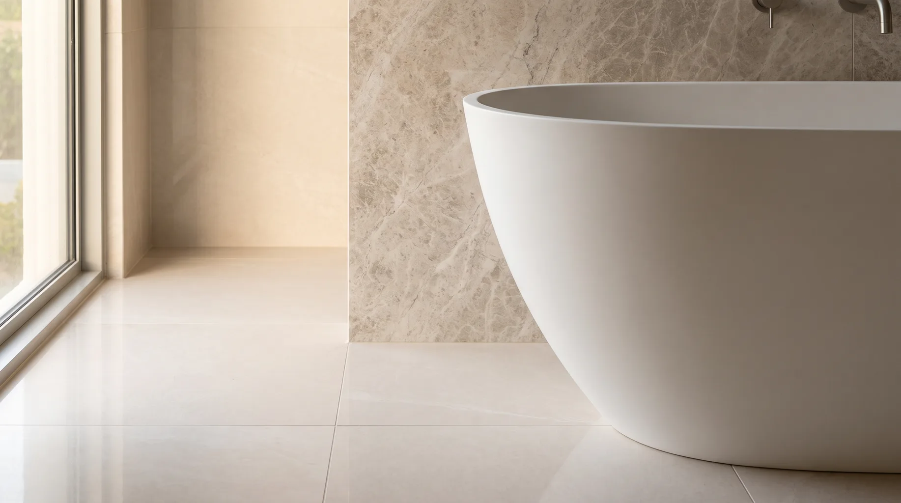 Finished bathroom corner where porcelain floor tiling meets a natural stone feature wall