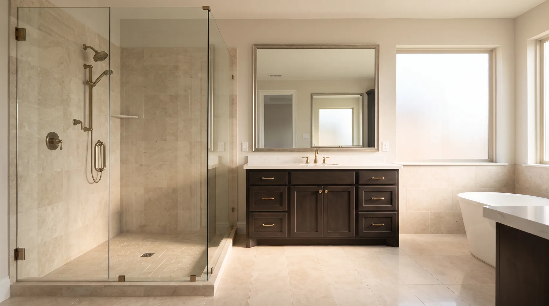 Finished luxury bathroom with a walk-in shower, honed stone floor and polished brassware