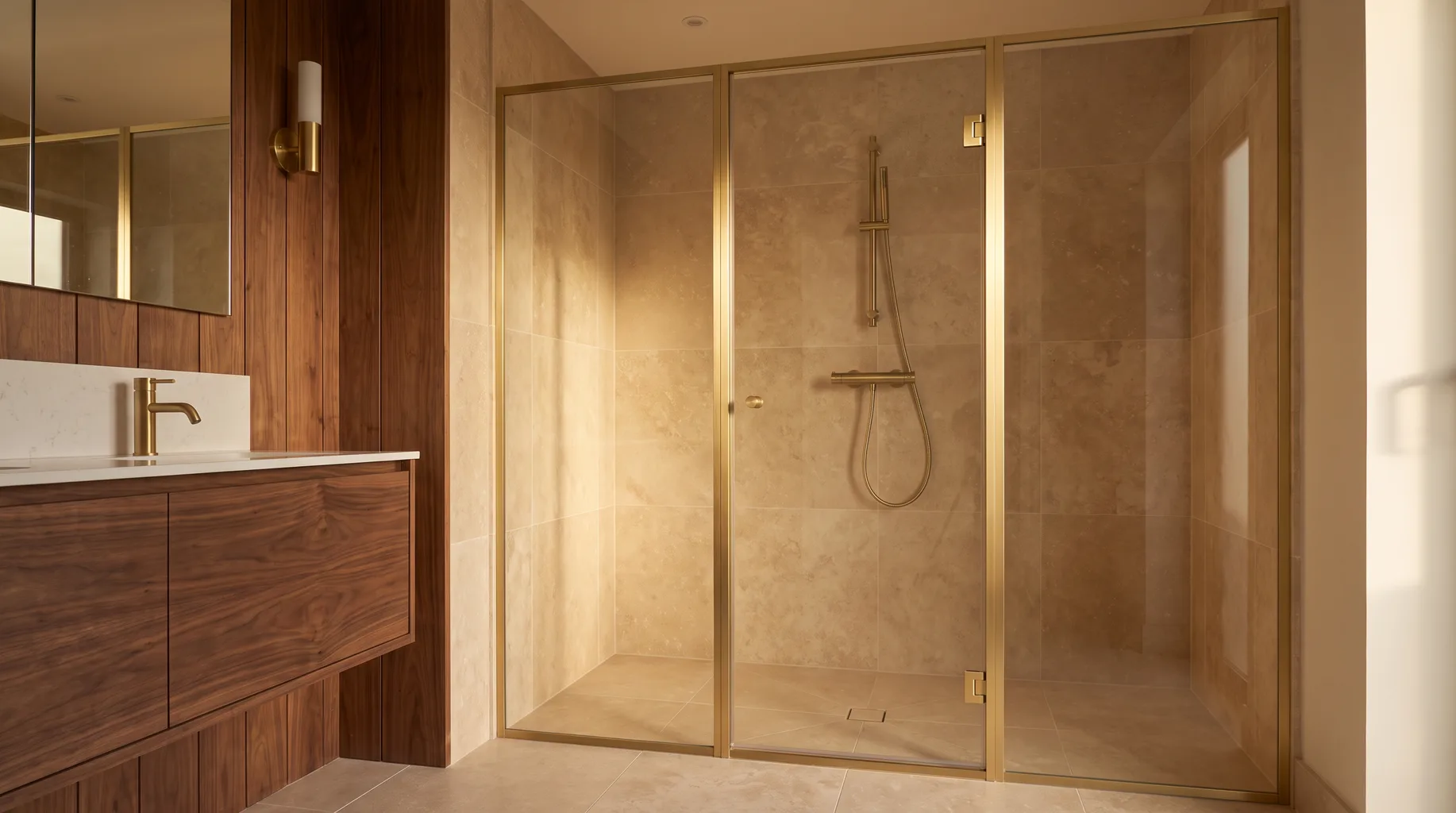 Finished frameless glass shower enclosure with a brushed brass frame against walnut-panelled bathroom walls