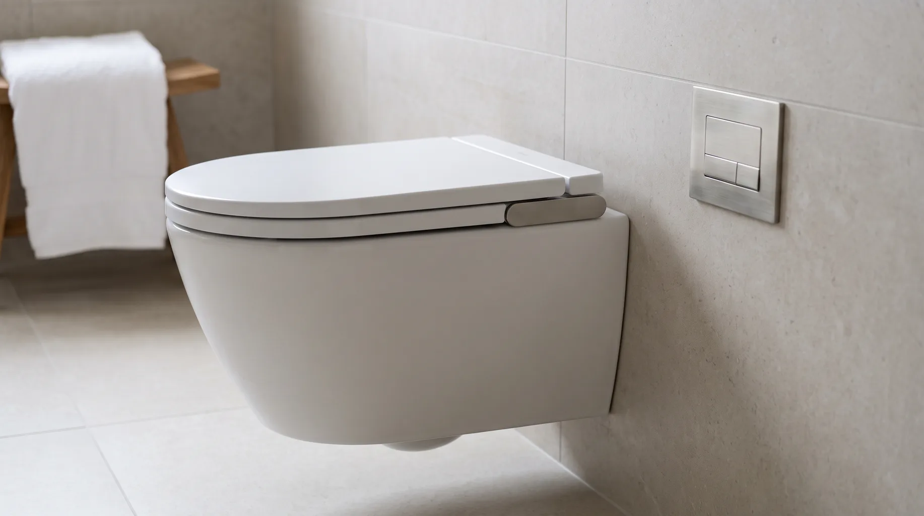 Finished luxury bathroom with a wall-hung shower toilet on a concealed cistern and carrier frame