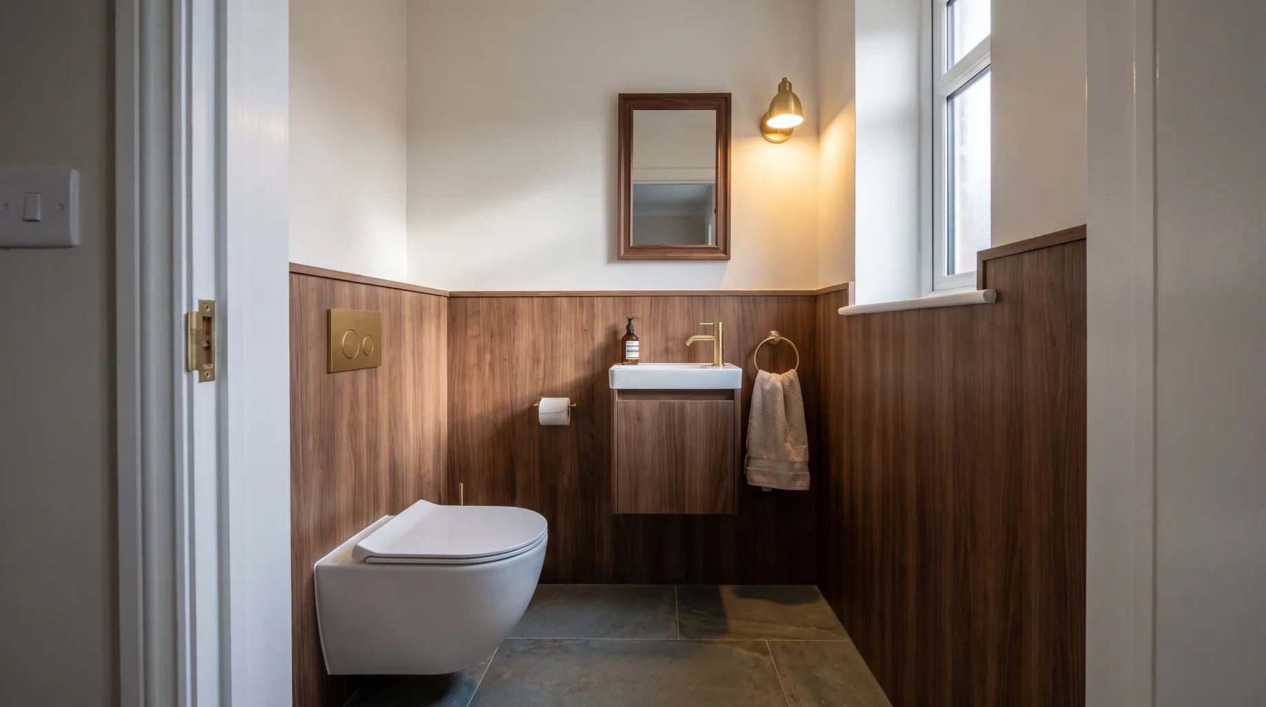 Luxury cloakroom with warm walnut timber panelling, a wall-hung WC and vanity basin