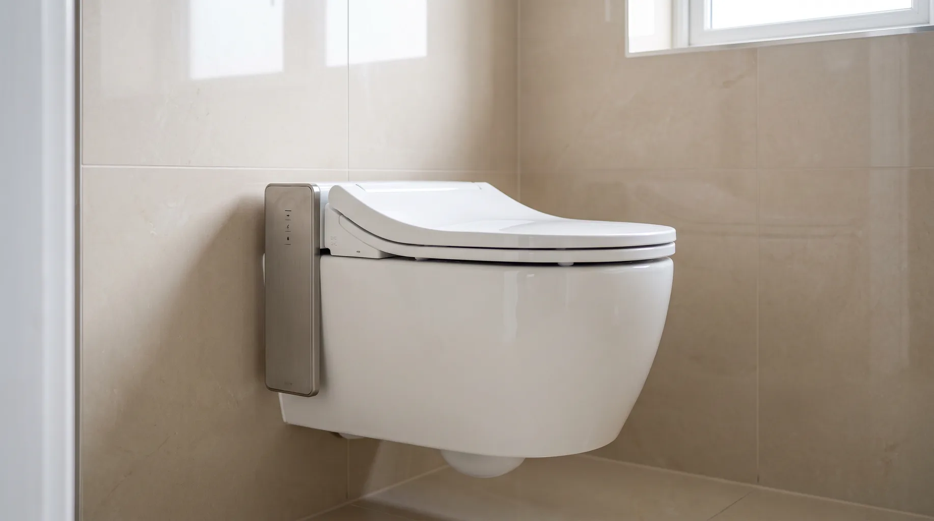 Finished wall-hung shower toilet unit with side control panel against tiled wall