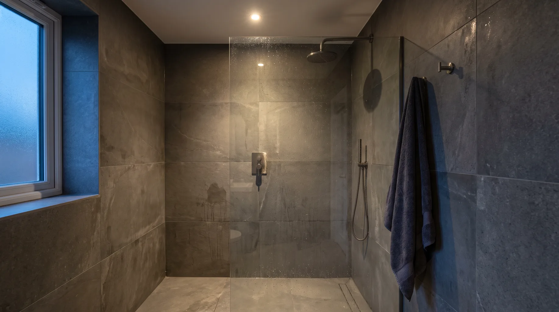 Luxury anthracite stone walk-in shower with a frameless glass panel and brushed gunmetal fittings