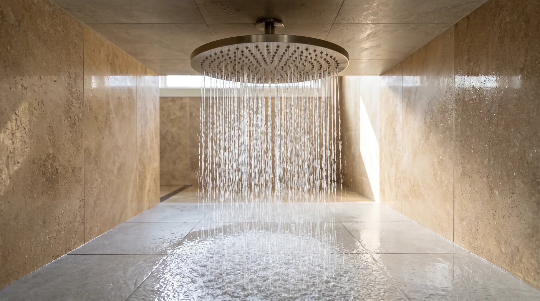 Large ceiling-mounted rainfall shower head delivering a full, even curtain of water in a finished walk-in shower