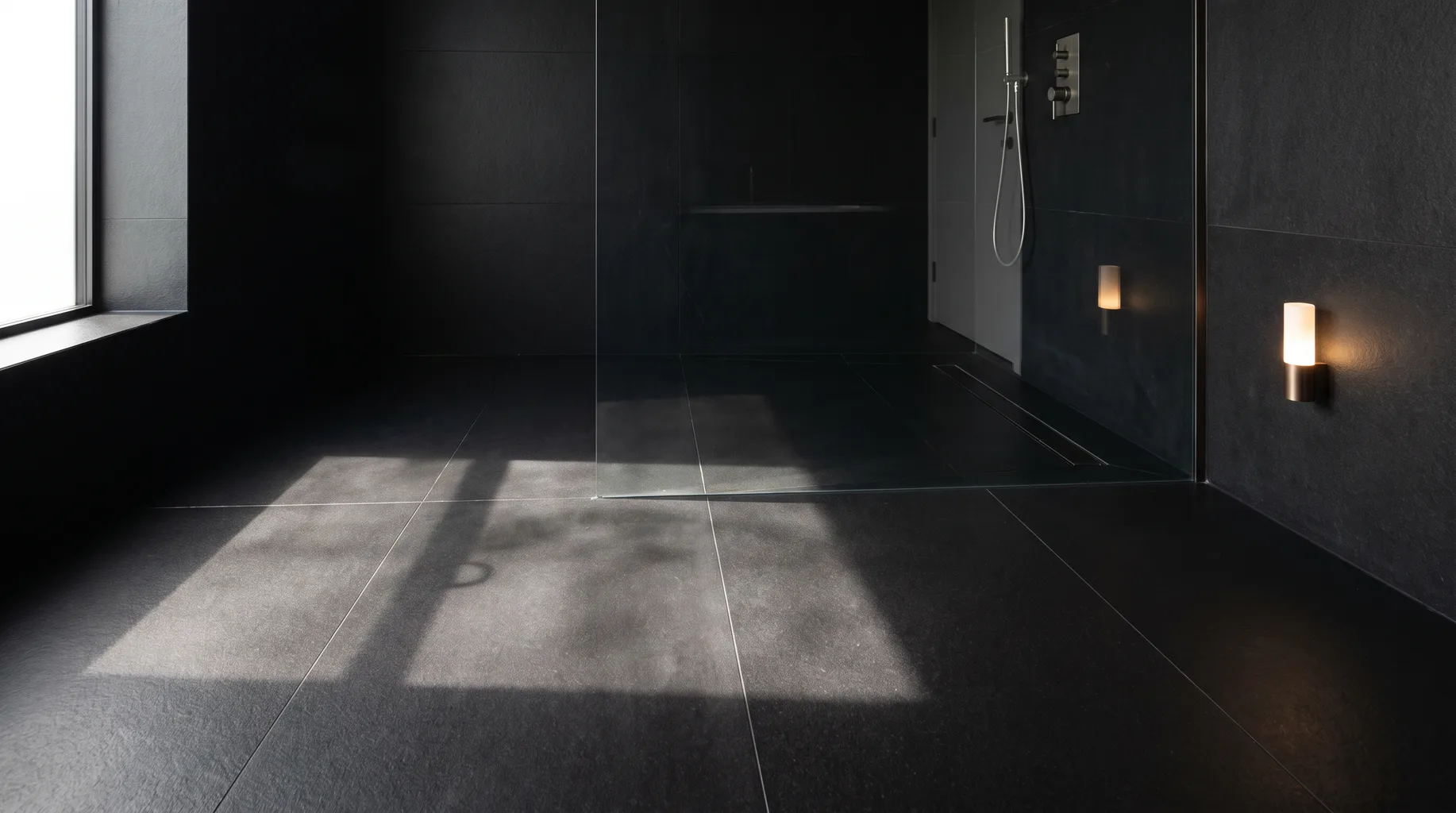 Luxury black stone level-access wet room with a flush linear drain and glass partition