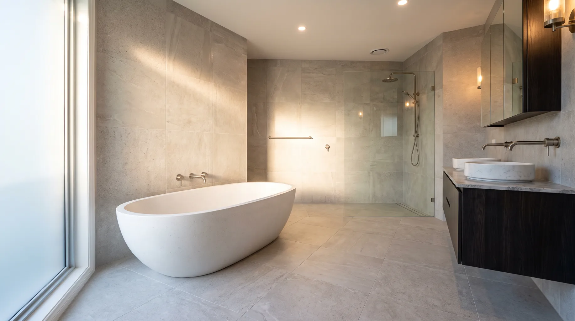Finished luxury bathroom with freestanding bath, wall-hung vanity and walk-in shower