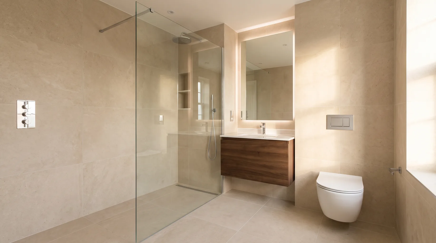 Finished luxury en-suite with walk-in shower and wall-hung WC, built from products checked thoroughly on delivery day