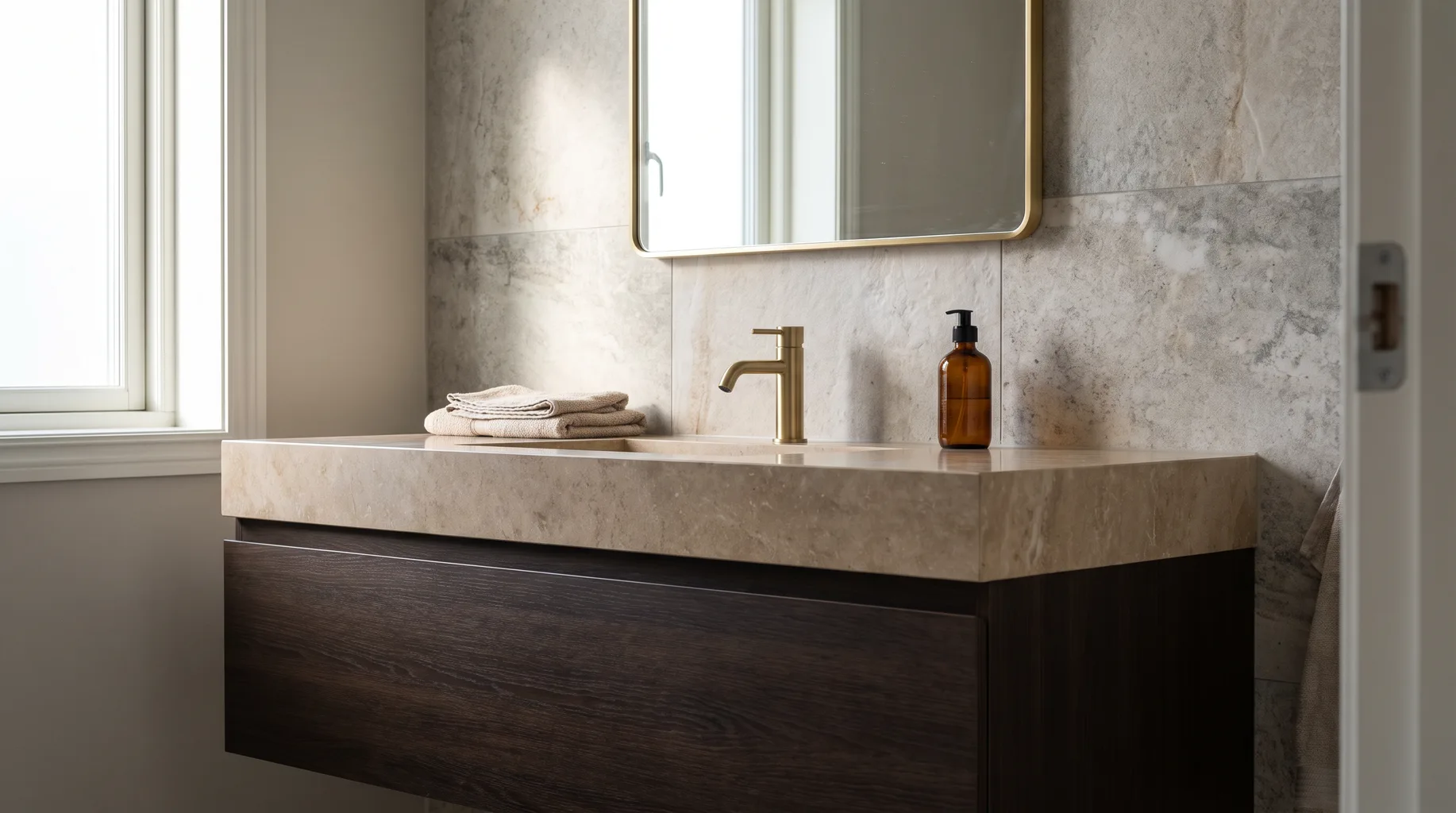 Finished wall-hung vanity unit with natural stone worktop and brushed brass tap