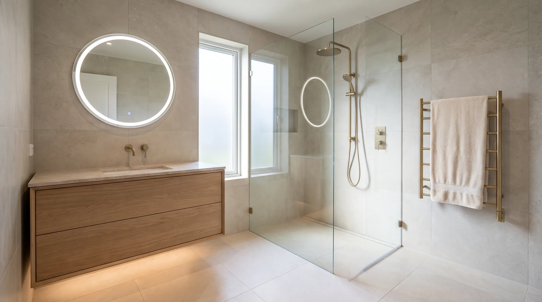 Finished walk-in shower and vanity in a handed-over luxury bathroom