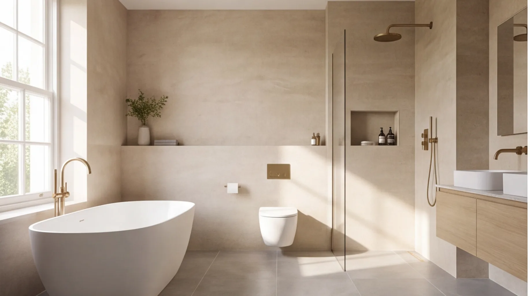 Finished luxury bathroom with honed stone, large-format porcelain and brushed brass fittings