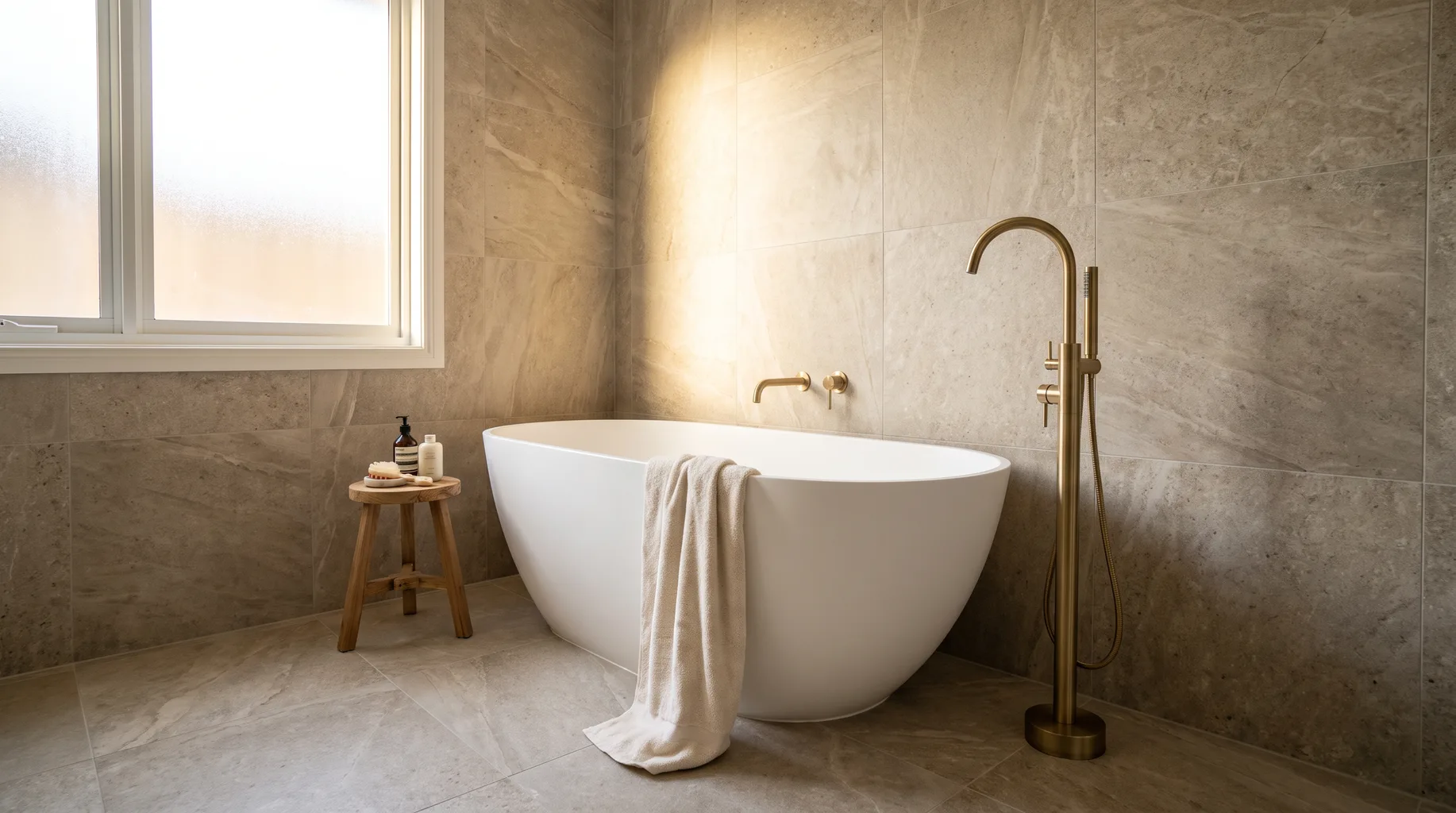 Finished luxury bathroom with natural stone tiling, freestanding bath and brushed brass floor-standing bath filler