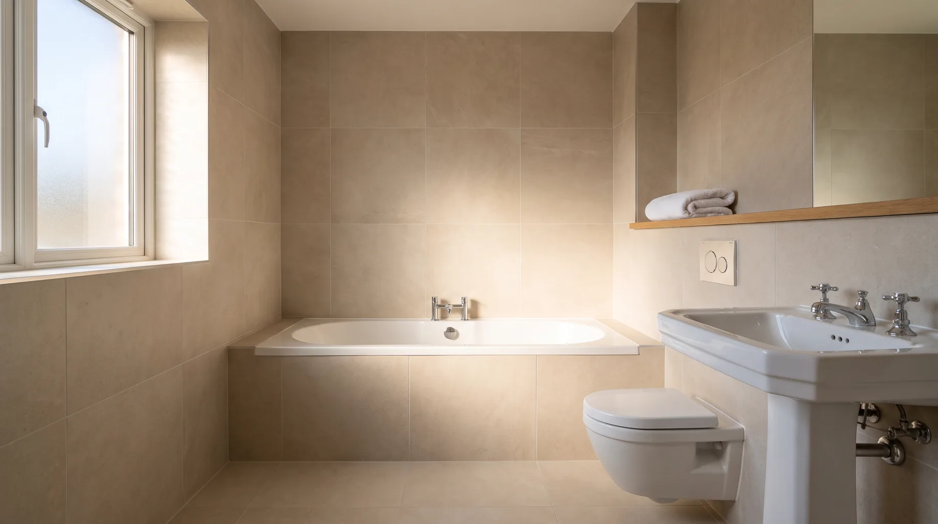 Simple finished bathroom with bath, basin and WC in a neutral palette