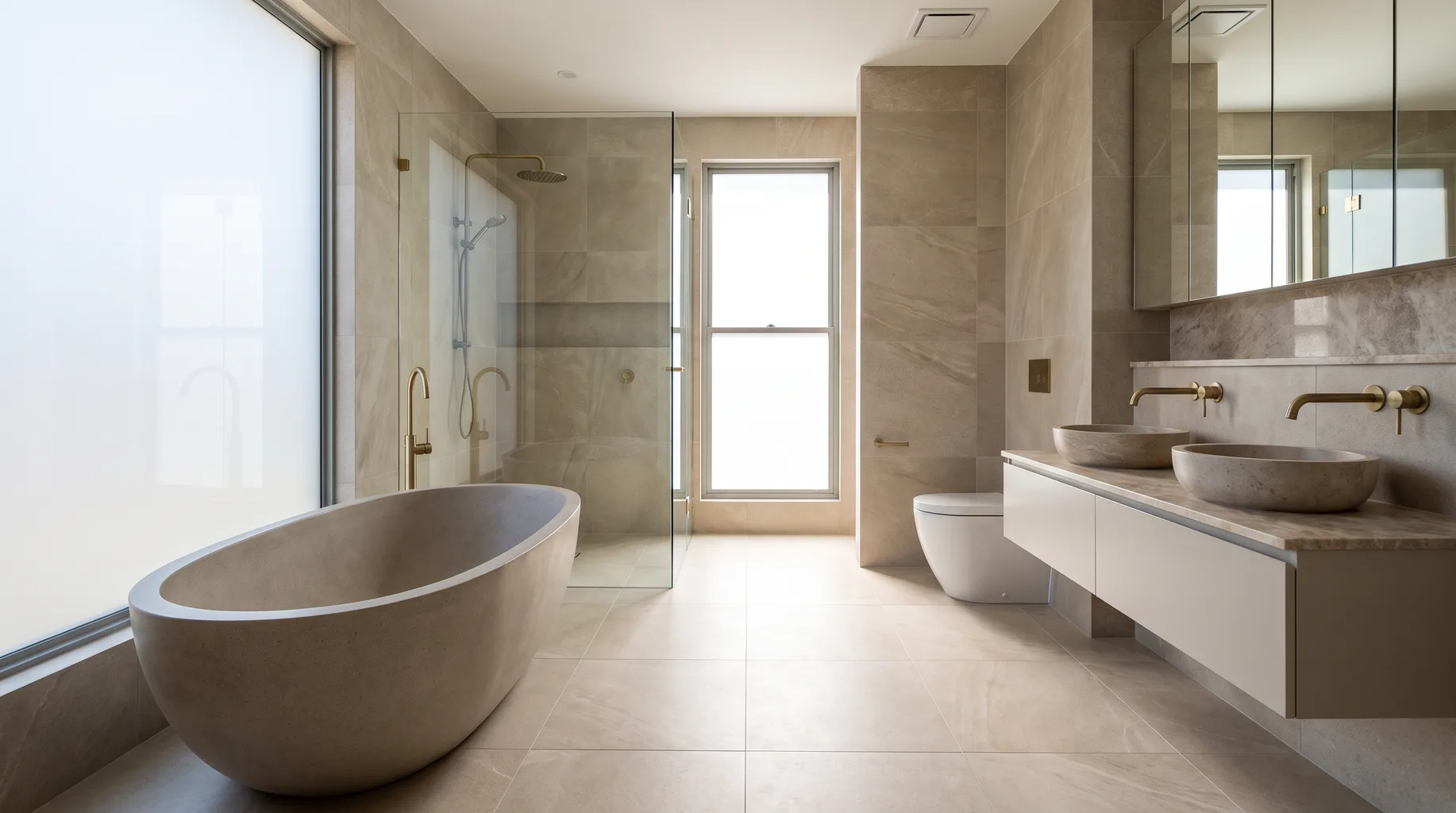 Wide finished luxury bathroom showing a freestanding bath, glass shower enclosure, wall-hung WC and double vanity together