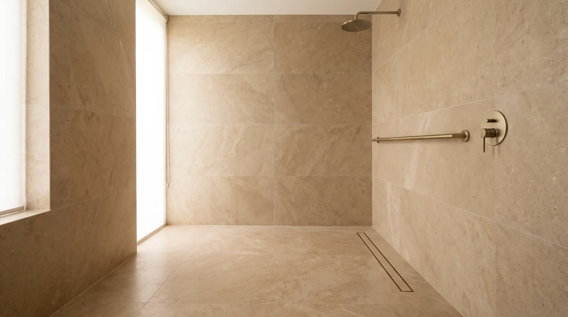 Finished level-access wet room with honed natural stone floor, slim linear drain and a brushed-brass grab rail beside a lever-operated shower valve