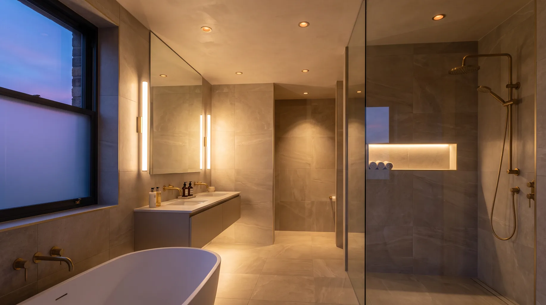 Layered bathroom lighting scheme showing ceiling downlights, vanity task lighting and a glowing shower niche light