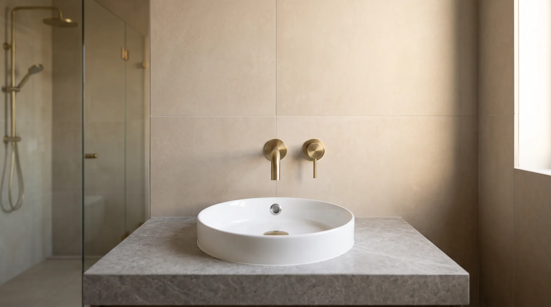 Finished wall-hung basin with a wall-mounted brass mixer tap precisely aligned above the waste, honed stone countertop and large-format porcelain tiling behind