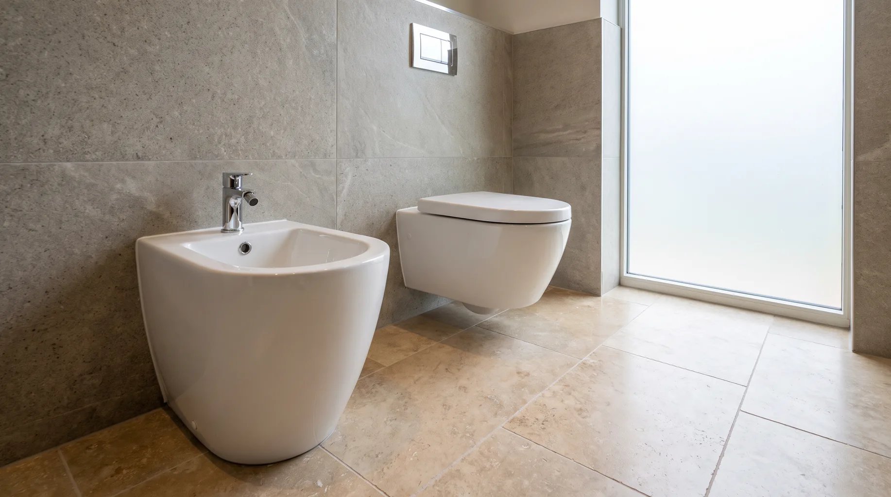 Standalone bidet and matching wall-hung WC fitted side by side in a finished bathroom with honed stone flooring