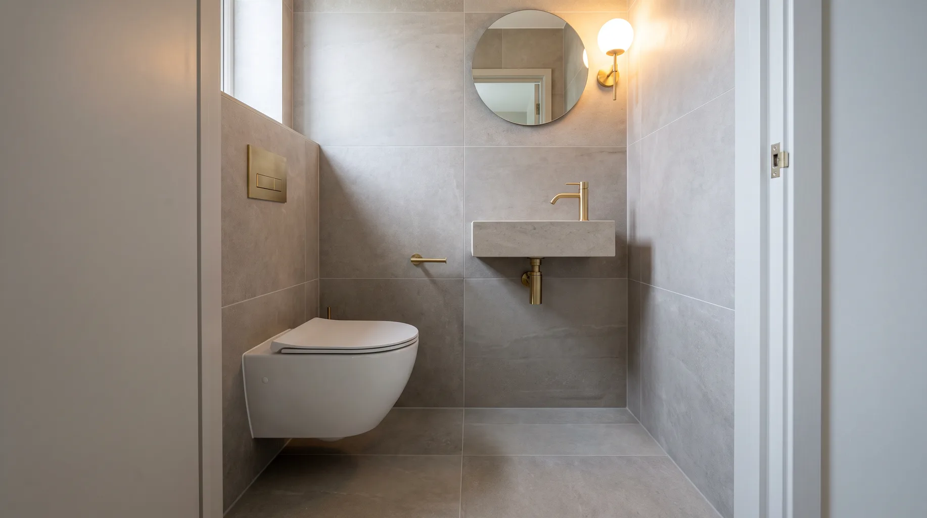 Finished luxury cloakroom viewed from the doorway, wall-hung WC with concealed cistern flush plate and compact wall-mounted basin with brass tap
