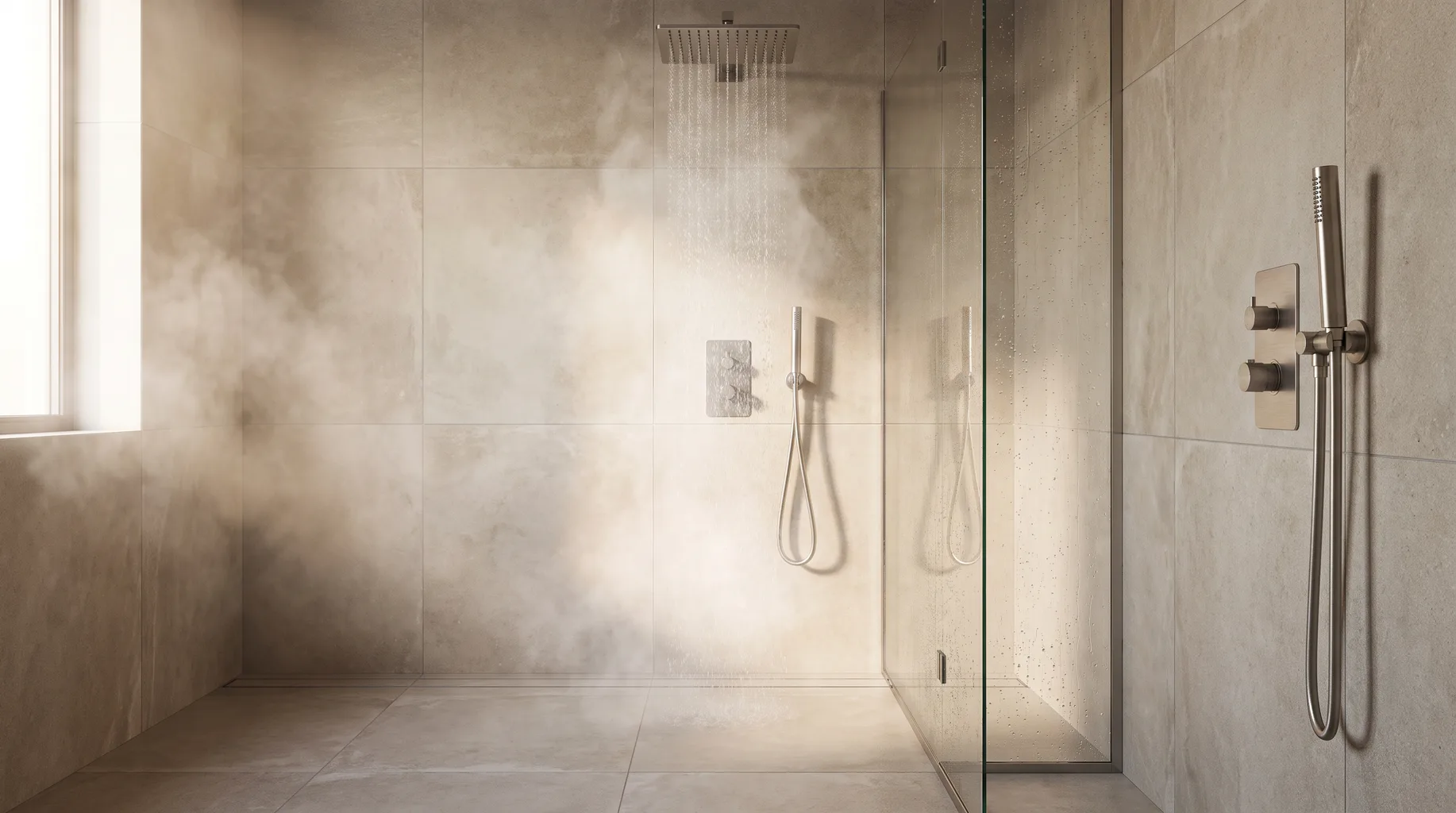 Finished luxury walk-in shower with a brushed-finish digital shower control panel beside an overhead rainfall head, water running and light steam rising