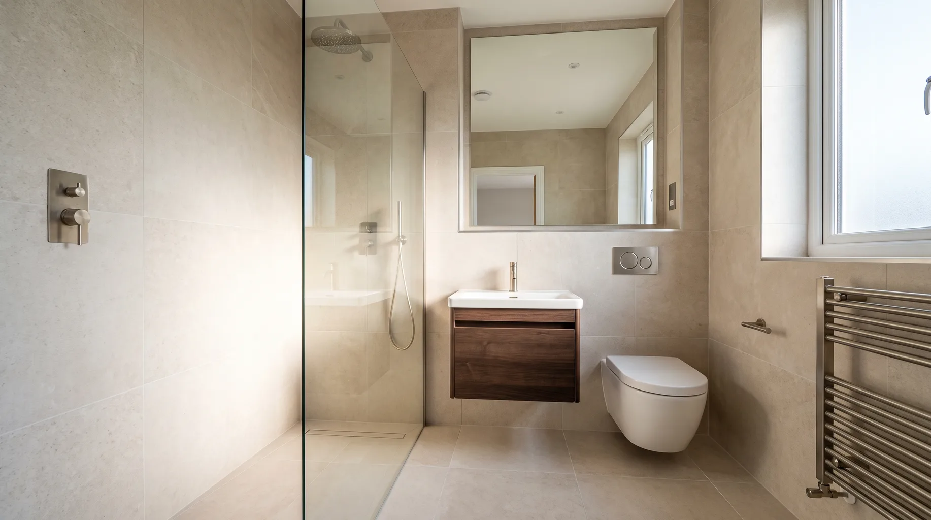 Finished compact en-suite bathroom with wall-hung WC, small vanity, glass shower screen and large-format porcelain tiling