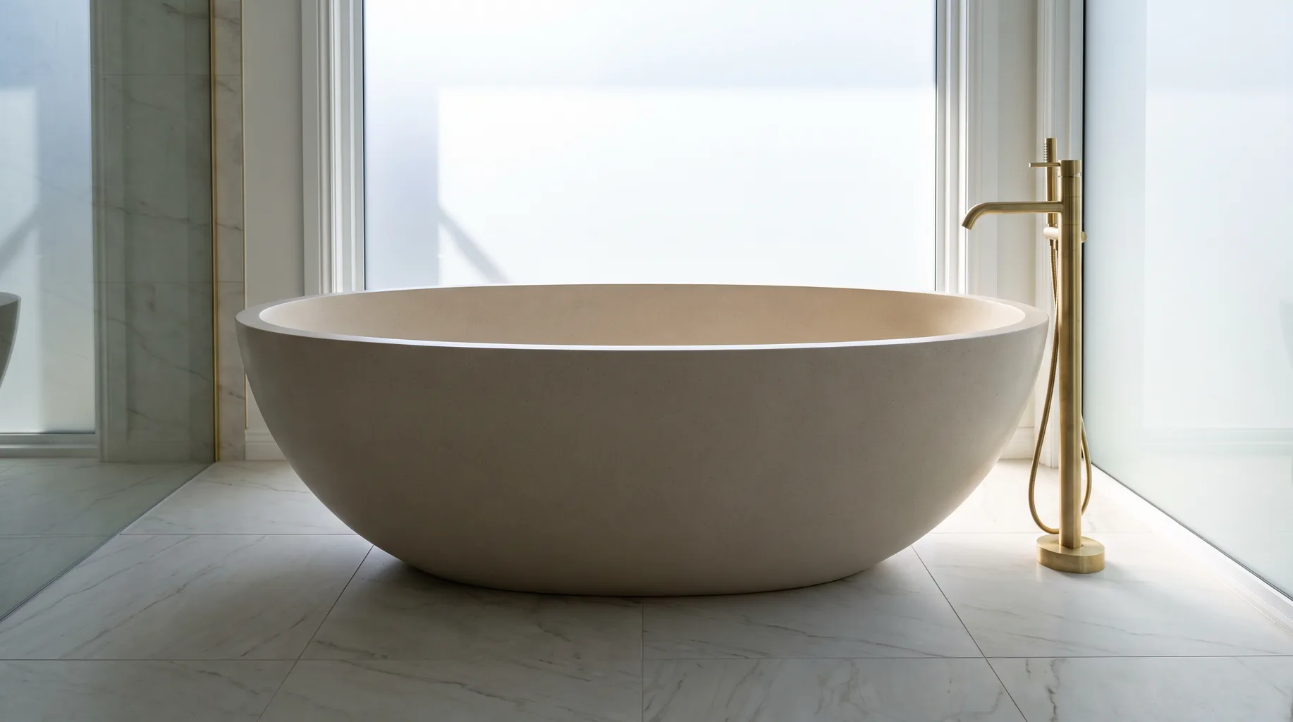 Finished freestanding stone resin bath with floor-mounted tap on large-format tiled flooring