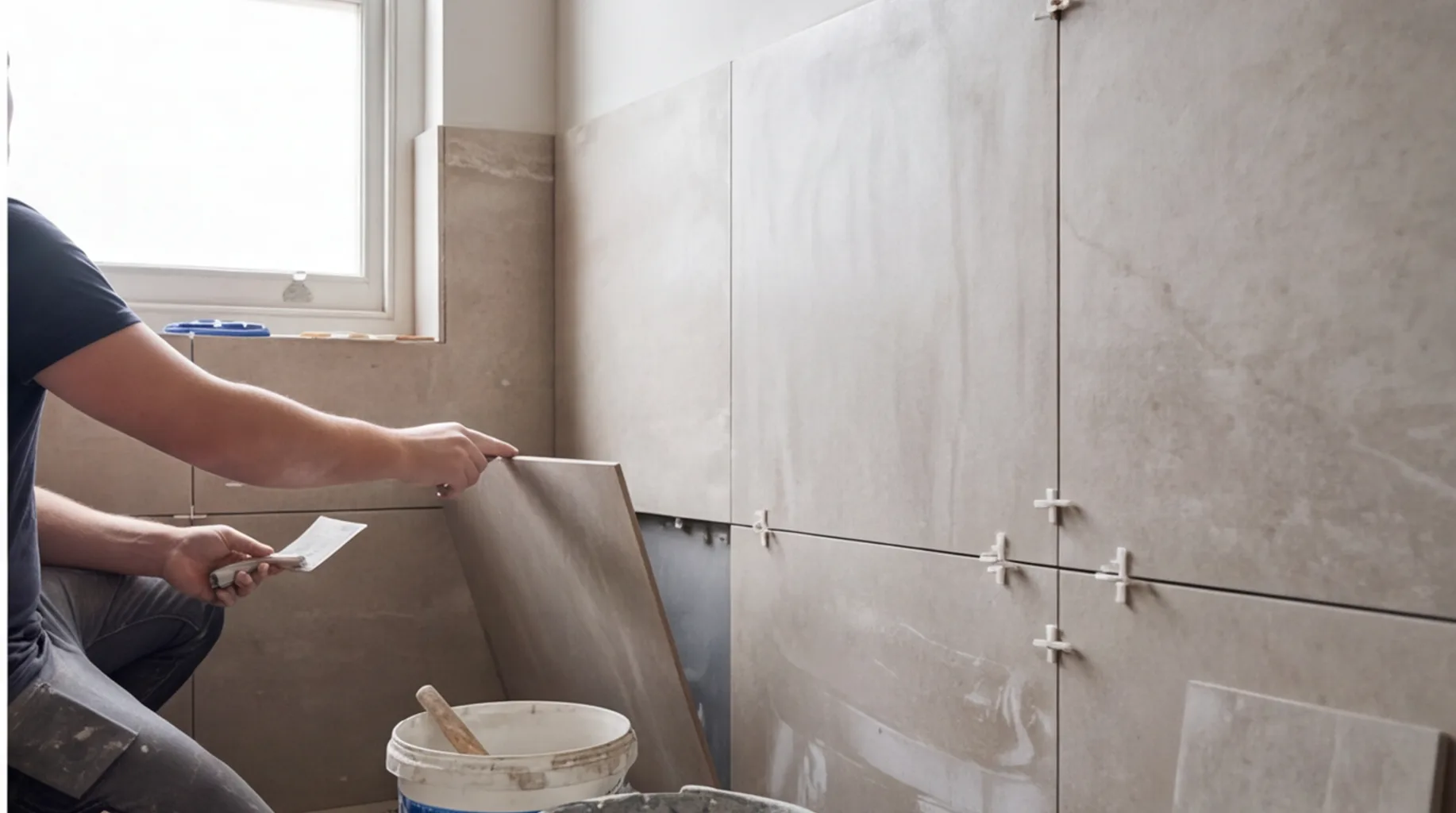 Tiler setting large-format porcelain tiles from a centre line during a bathroom installation