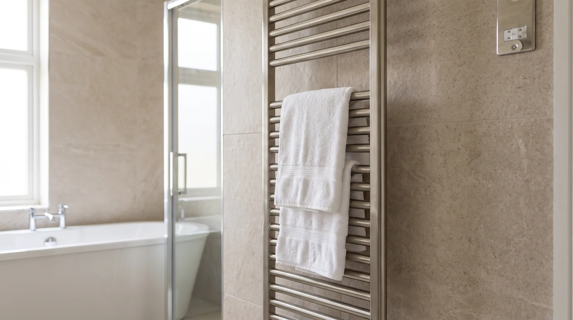 Tall brushed-nickel heated towel radiator mounted on a tiled wall with folded towels in a finished luxury bathroom