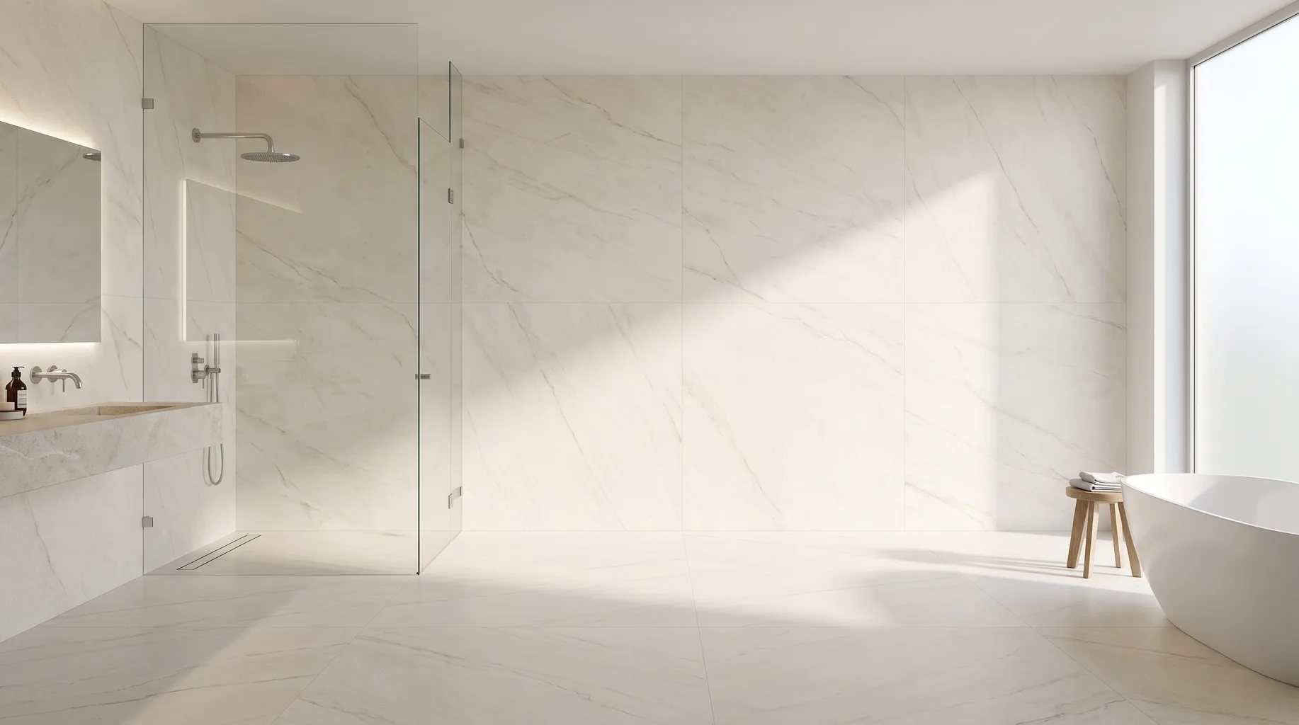 Finished bathroom with large-format porcelain slabs covering floor and feature wall with minimal visible joints