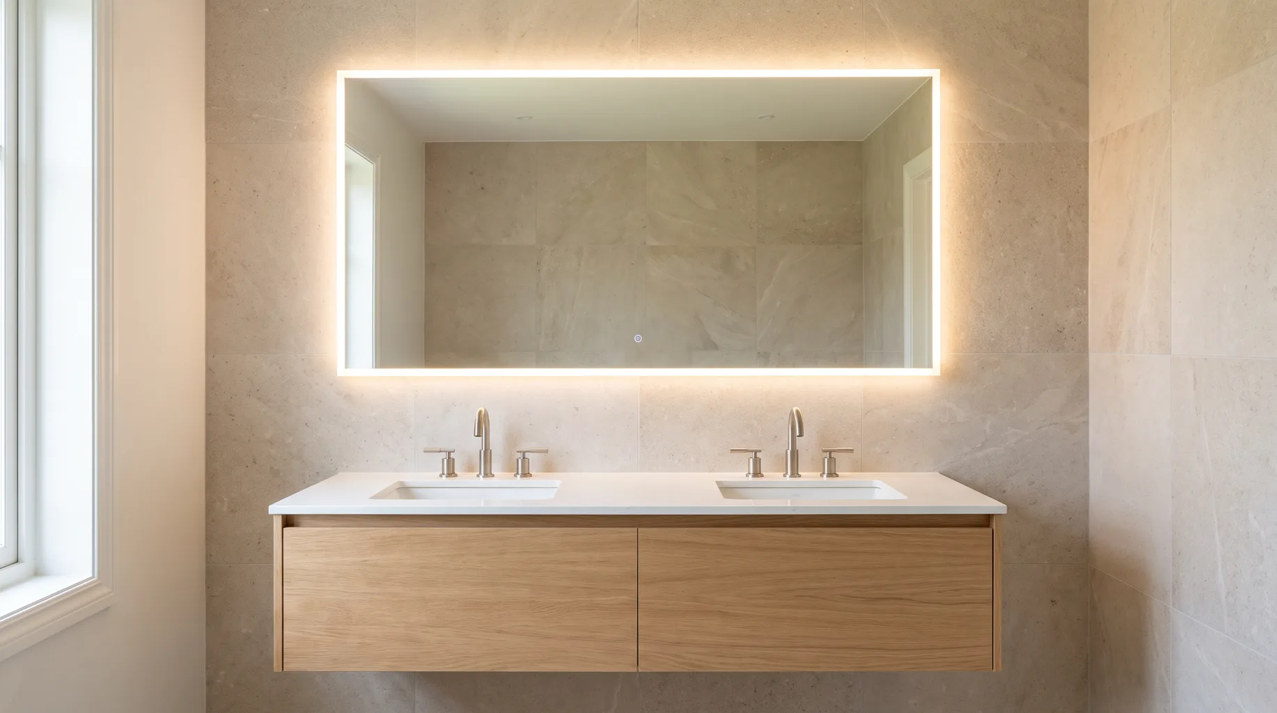Large illuminated mirror with soft edge-lighting mounted above a double vanity unit in a finished bathroom