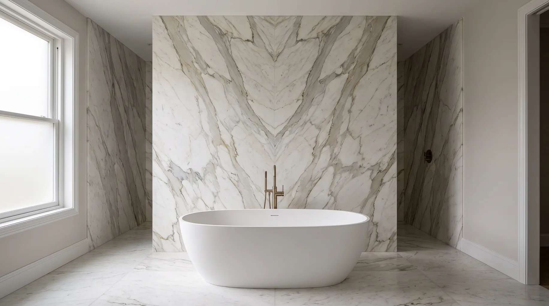 Book-matched marble feature wall with mirrored veining behind a freestanding bath in a luxury principal bathroom