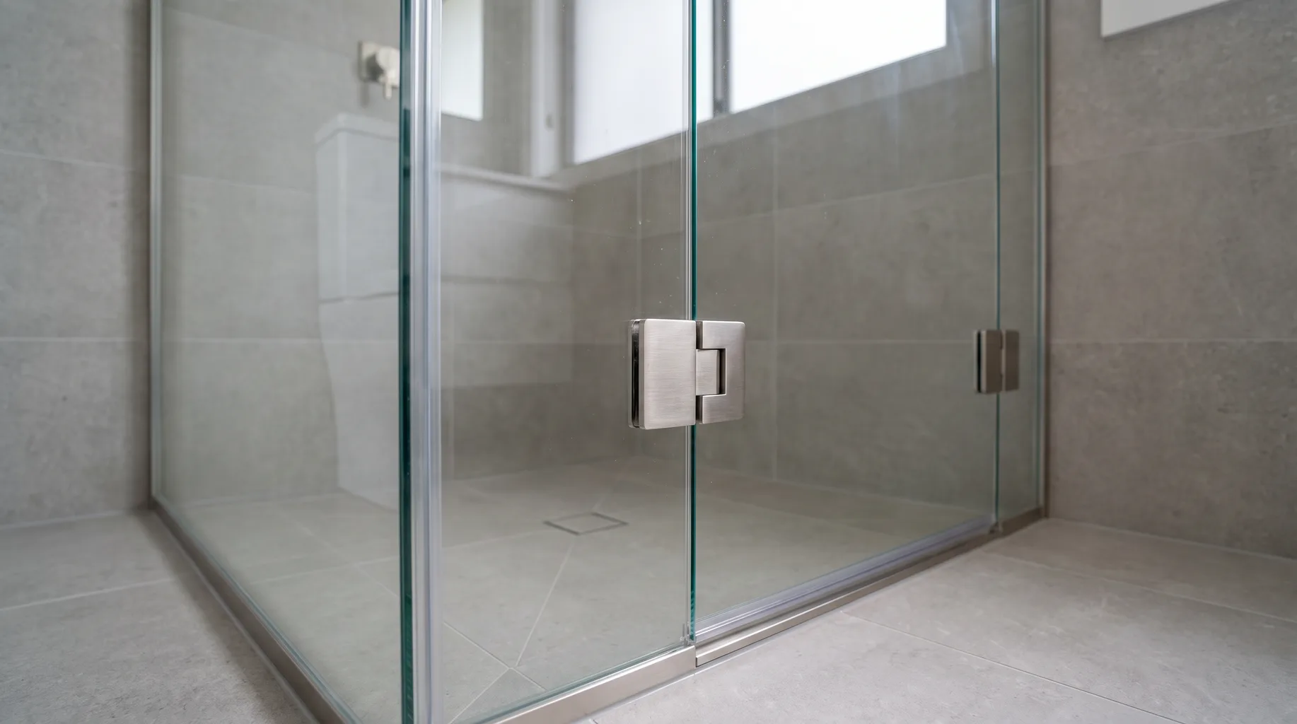 Finished frameless glass shower screen and hinged door fixed to tiled wall