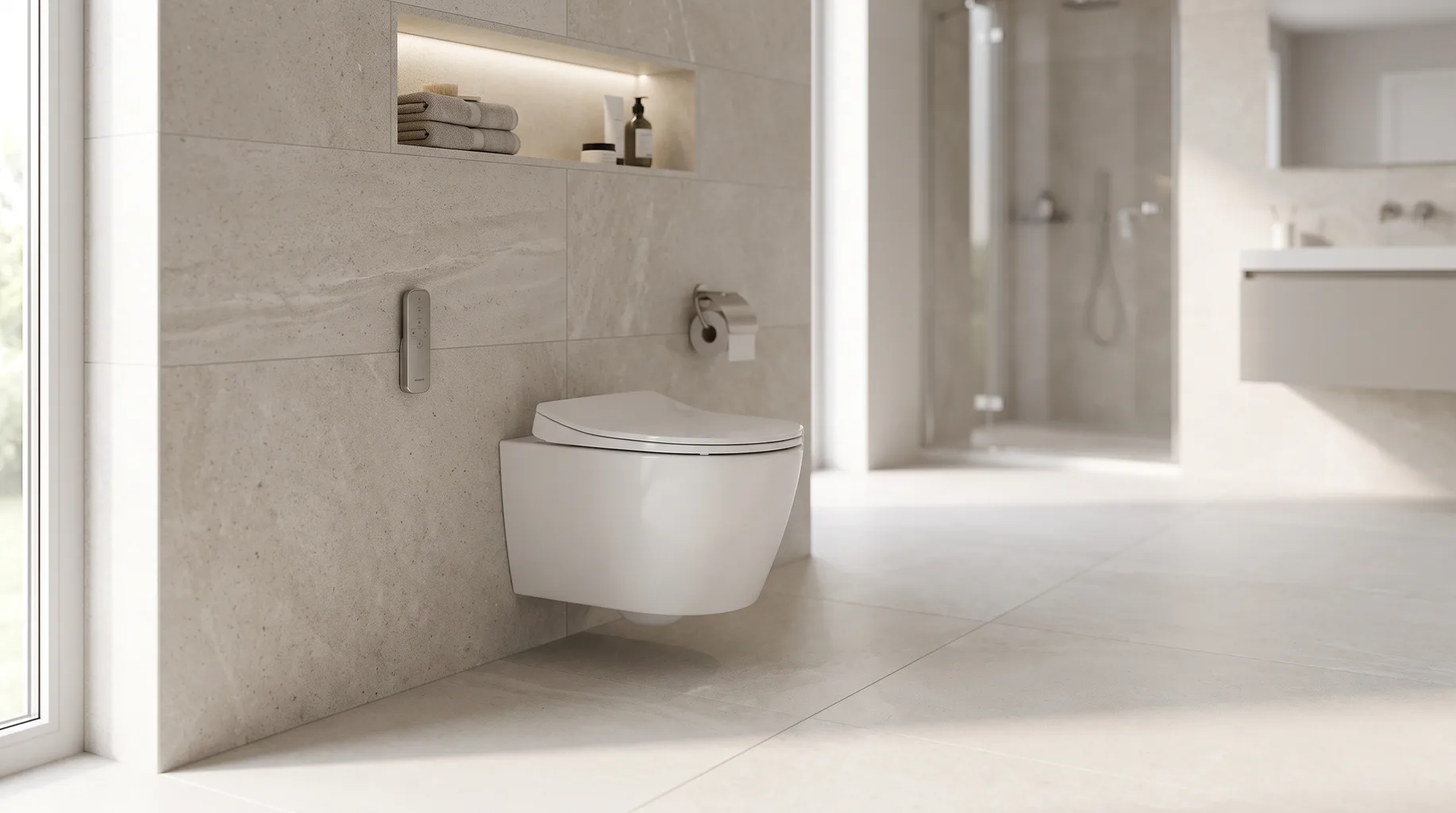 Wall-hung shower toilet with slim remote control in a finished luxury bathroom with large-format porcelain tiling
