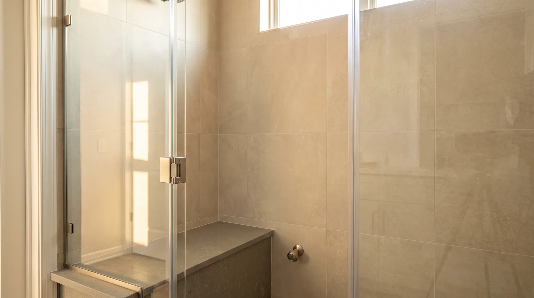 Finished sealed steam shower enclosure with glass door, built-in stone bench and tiled ceiling
