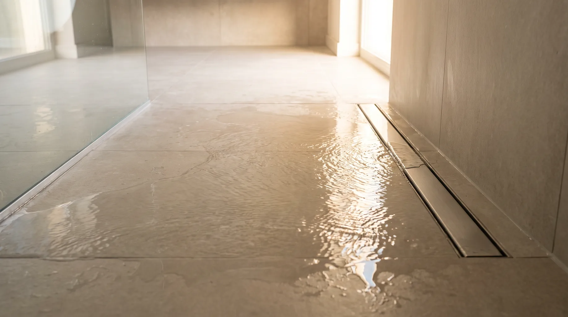 Finished wet room floor with a thin sheet of water flowing across large-format porcelain tiling toward a slim linear drain, proof of correct waterproofing underneath
