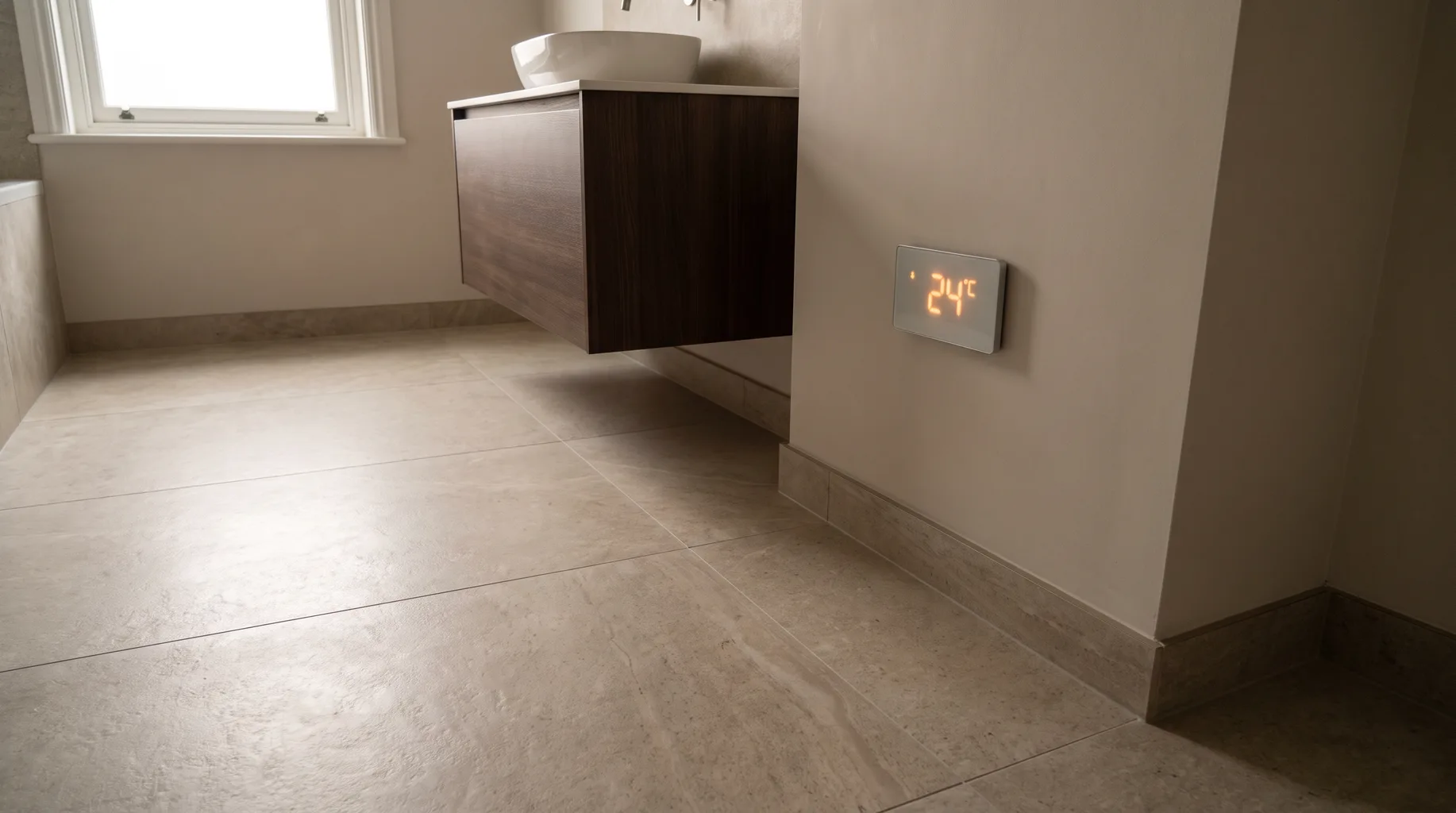 Large-format honed porcelain bathroom floor with a wall-mounted underfloor heating thermostat beside the vanity