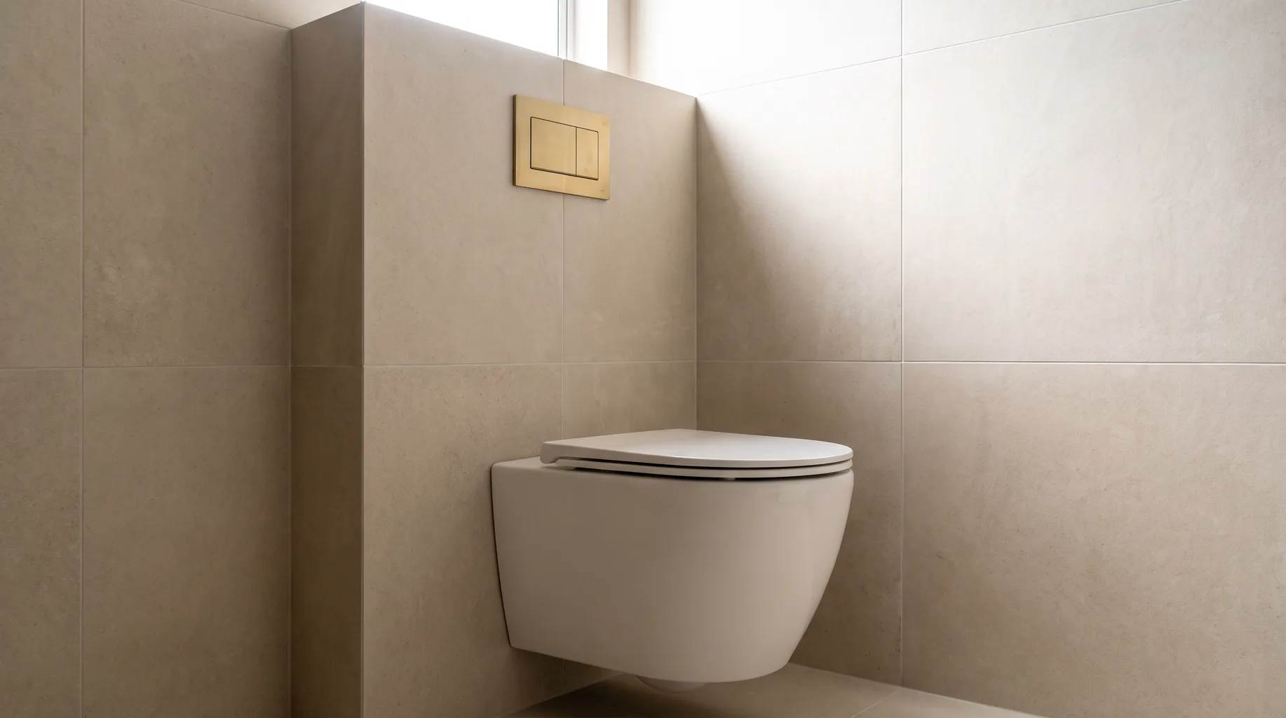 Finished wall-hung toilet with concealed cistern, tiled duct face and flush plate