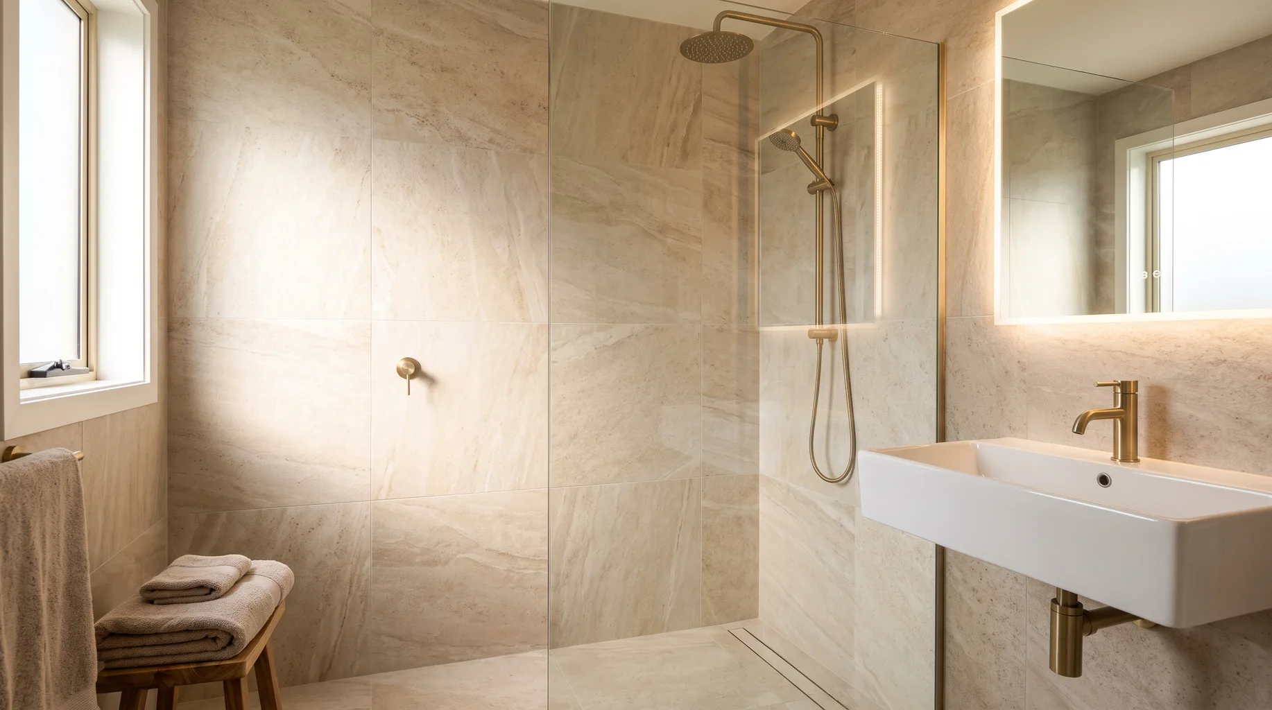 Warm finished walk-in shower room with glass screen, wall-hung basin and brushed brass fittings