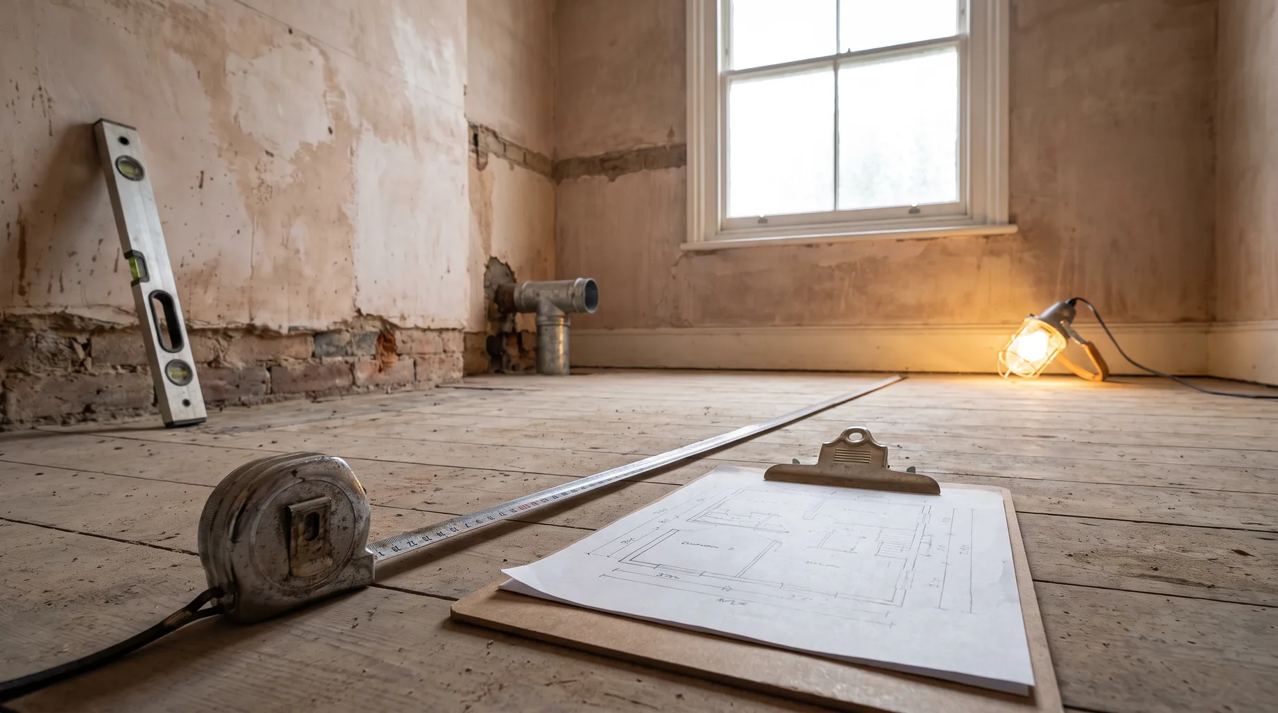 A tape measure and clipboard with a hand-drawn floor plan laid out during a bathroom survey in a stripped-back Edwardian-era bathroom in Ascot, exposed pipework and bare plaster visible under natural window light.