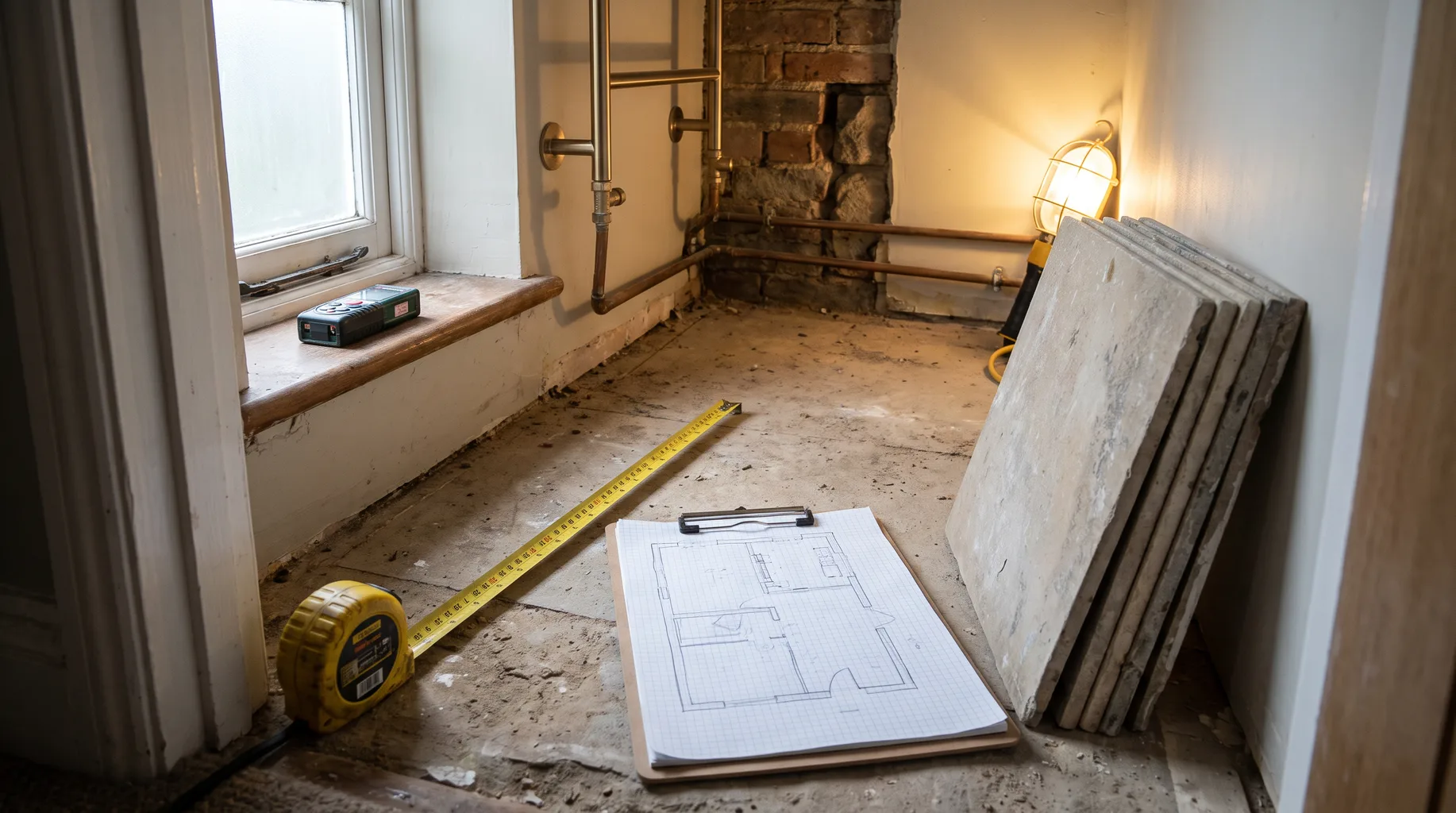 Tape measure and clipboard laid out during a bathroom survey in a stripped-back Binfield cottage with exposed brick and stacked limestone tiles