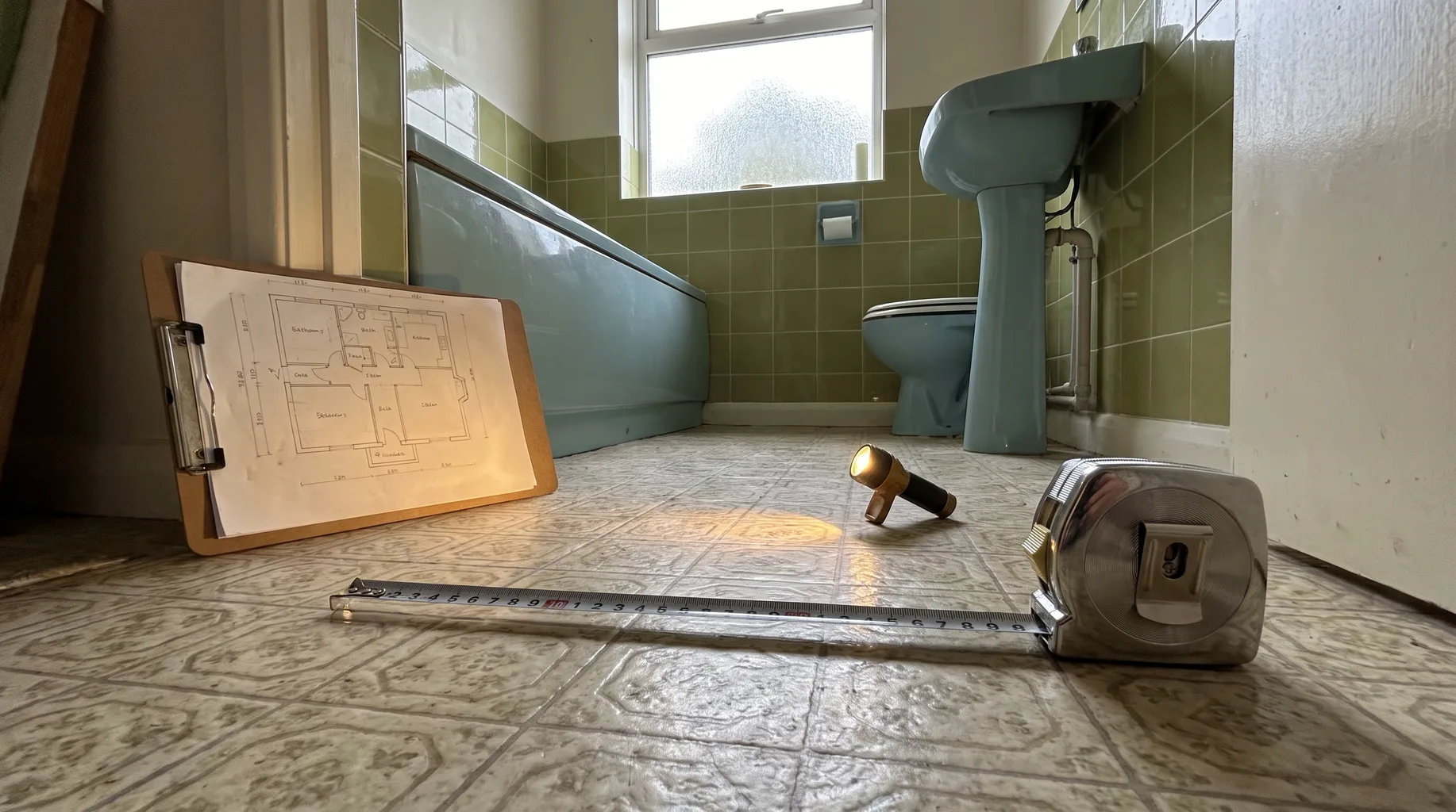 A brushed nickel tape measure and clipboard with a hand-drawn floor plan laid out during a bathroom survey in an untouched 1970s-era bathroom in Bracknell, original tiling visible under flat overcast daylight.
