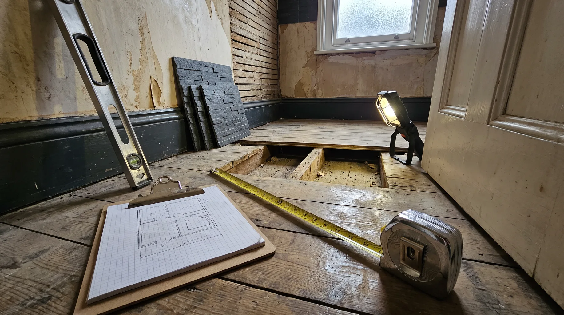 A brushed chrome tape measure and clipboard with a hand-drawn floor plan during a bathroom survey in a stripped Victorian terrace bathroom in Camberley, exposed floor joists and lath-and-plaster wall under cool daylight.