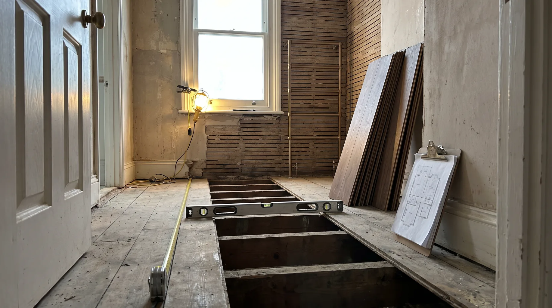 Tape measure and spirit level across lifted floorboards and exposed joists during a bathroom survey in a Victorian house near Wellington College in Crowthorne