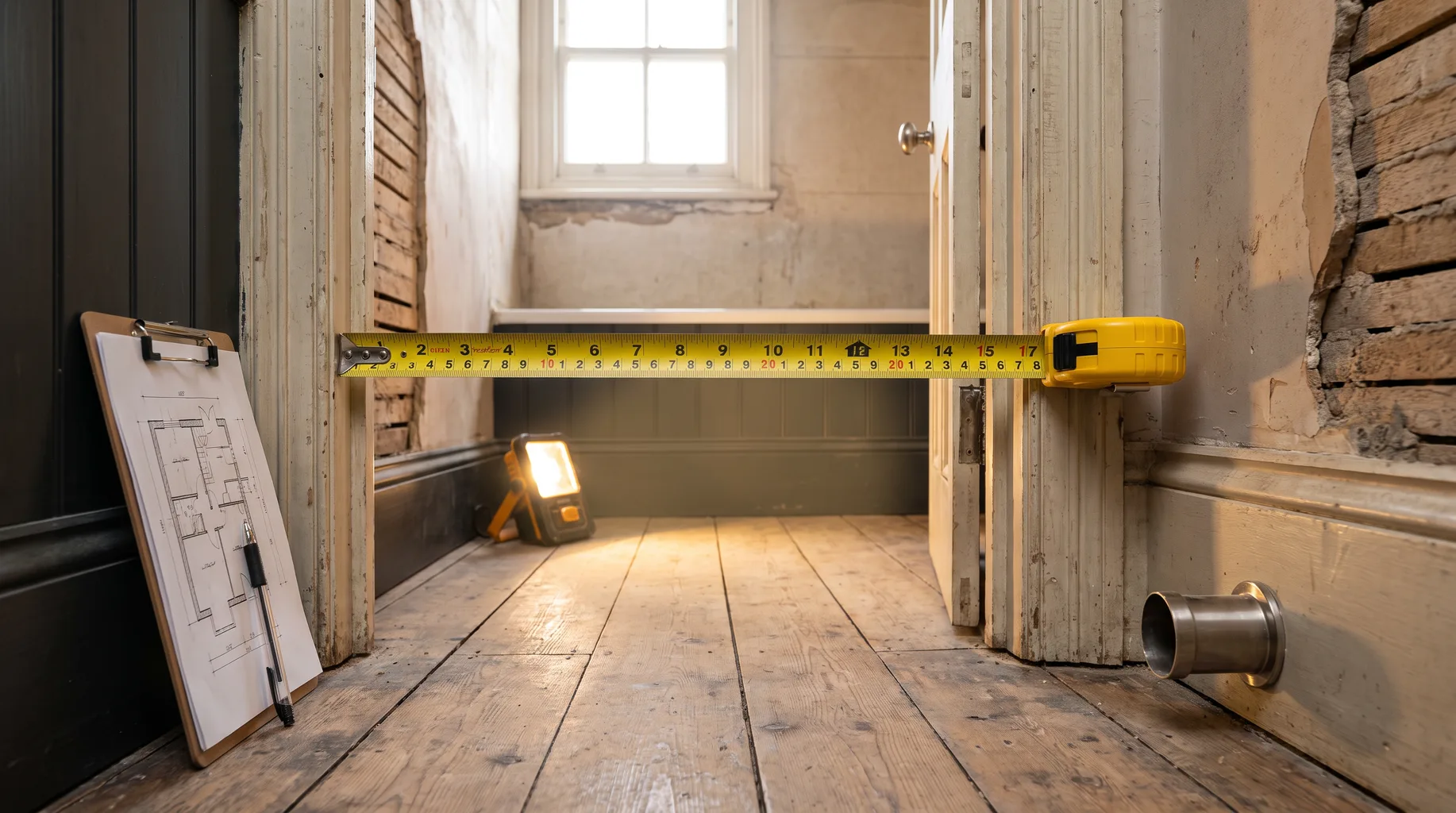 A tape measure and clipboard with a hand-drawn floor plan during a bathroom survey in a narrow Georgian townhouse near Eton High Street, exposed lath-and-plaster wall and old floorboards under soft morning window light.