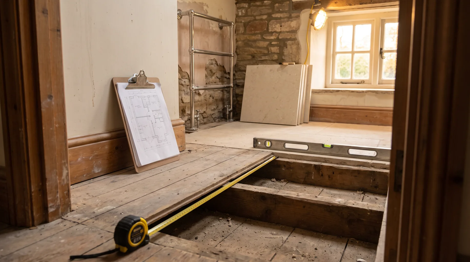 Tape measure and spirit level across lifted floorboards and exposed joists during a bathroom survey in an older building near Finchampstead village