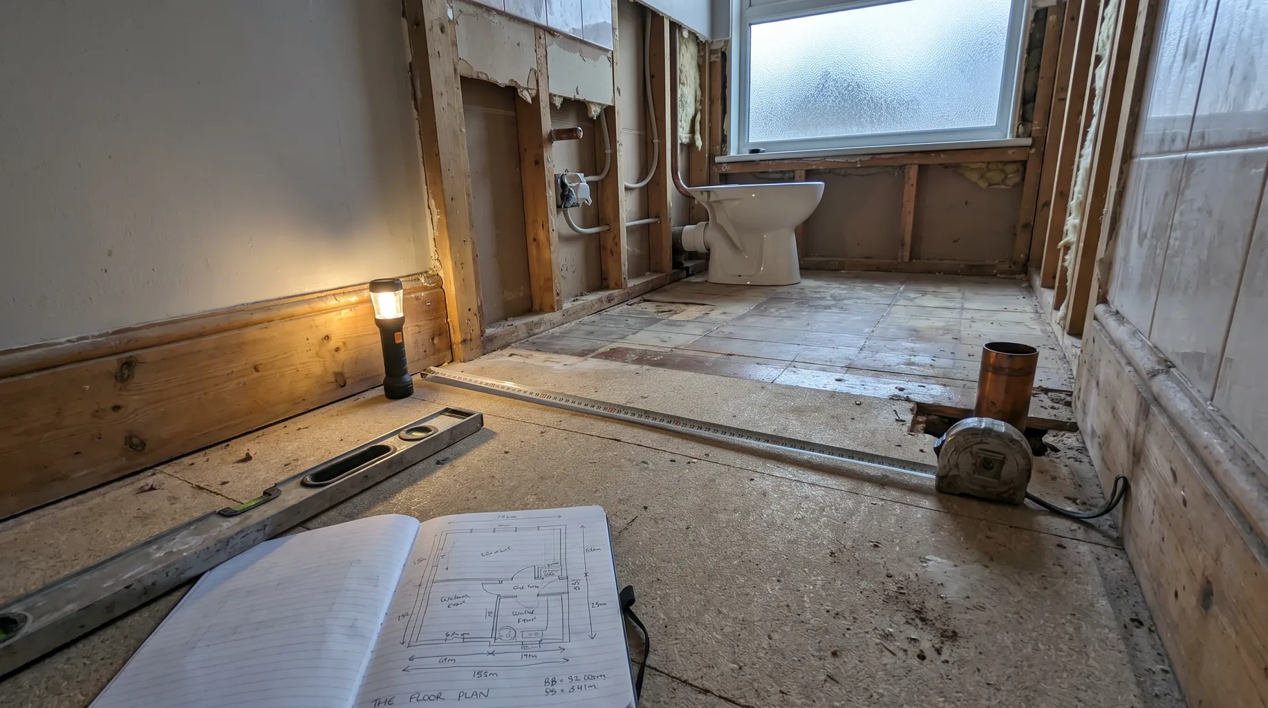 A spirit level and hand-sketched floor plan laid out during a bathroom survey in a part-stripped family bathroom in Gerrards Cross, exposed studwork and a copper waste stub visible under cool daylight.