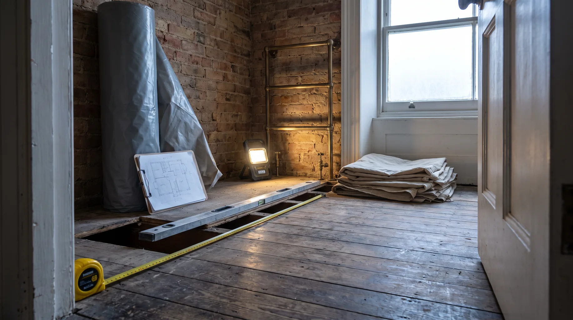 A tape measure and spirit level laid across lifted original floorboards during a bathroom survey in a riverside-area Maidenhead house, exposed brick and a fixed brushed bronze towel rail visible under early-morning window light.