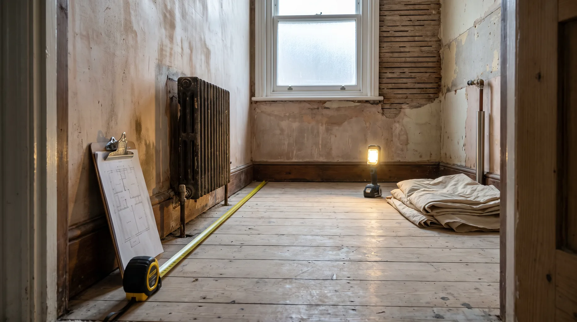 A tape measure and hand-drawn floor sketch during a bathroom survey in a stripped-back Victorian terrace bathroom near the University of Reading, exposed lath-and-plaster wall and worn pine floorboards under cool window daylight.