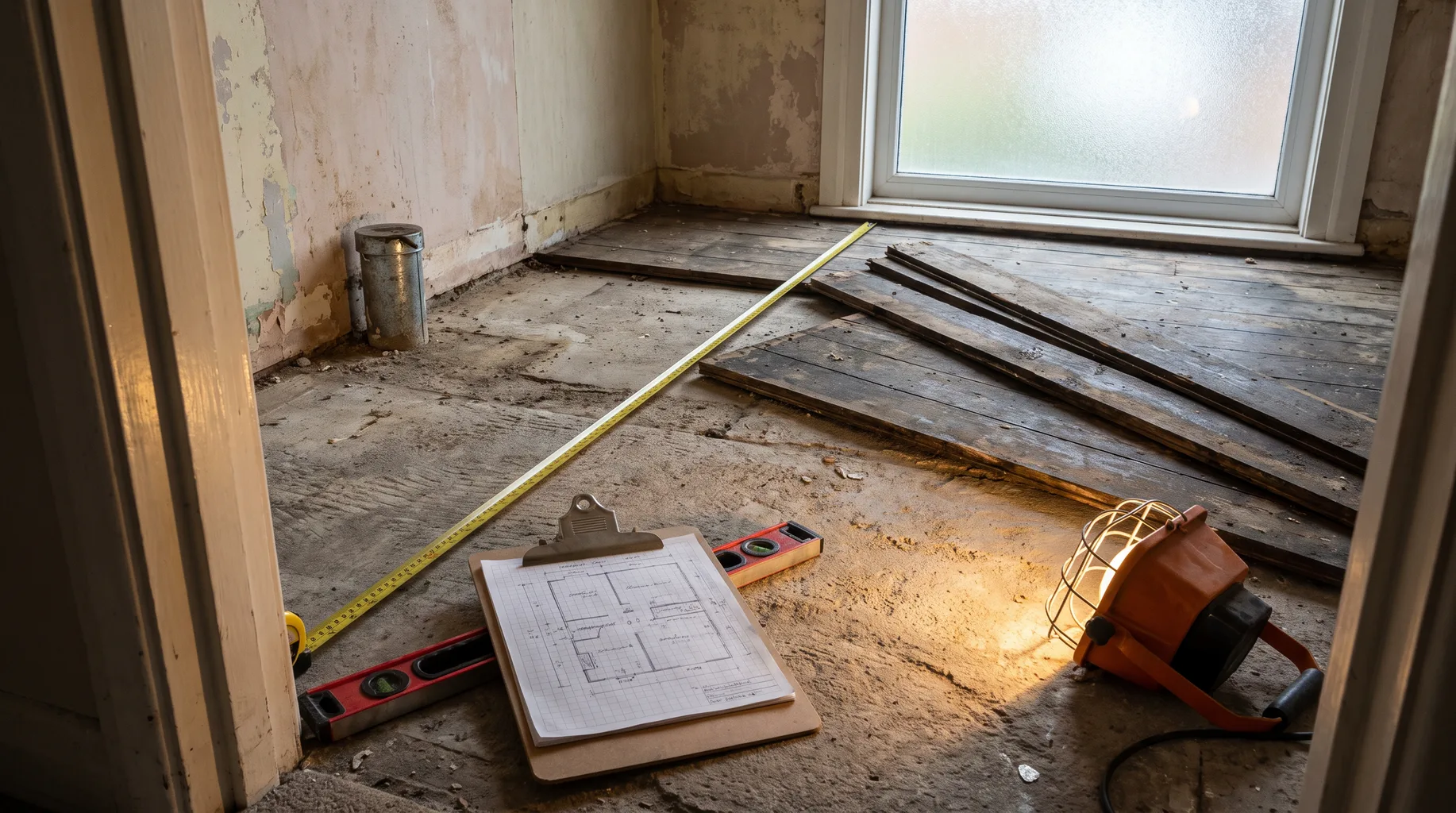 A tape measure and clipboard with a hand-drawn floor plan on a bare concrete subfloor beside lifted timber floorboards during a bathroom survey in a part-stripped Sandhurst bathroom, under flat overcast window light.