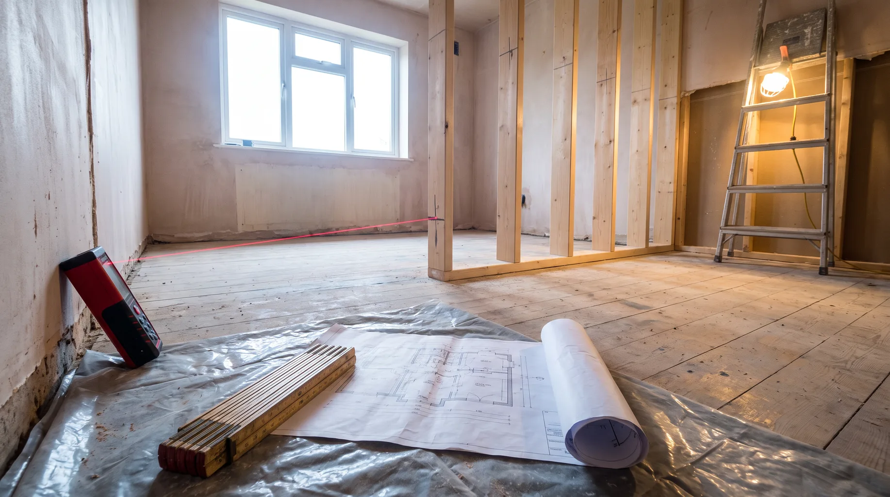 A floor plan and laser distance meter laid out during a bathroom survey in a part-stripped principal en-suite of a substantial Stoke Poges house, marked-out stud framing visible under bright daylight.